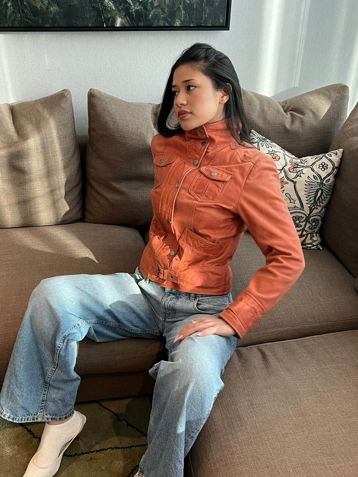 Dark Orange High Neck Leather Jacket
