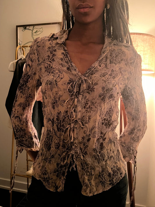 Grey Long Sleeve Tie Up Blouse