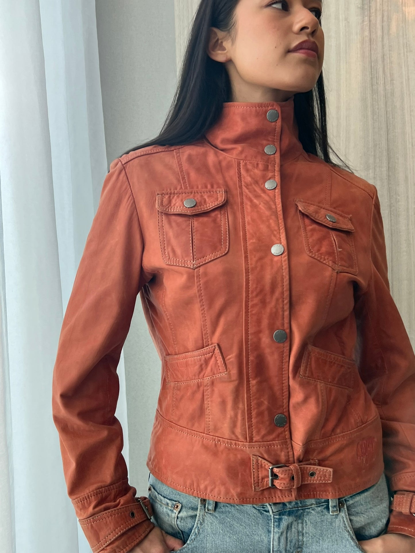 Dark Orange High Neck Leather Jacket