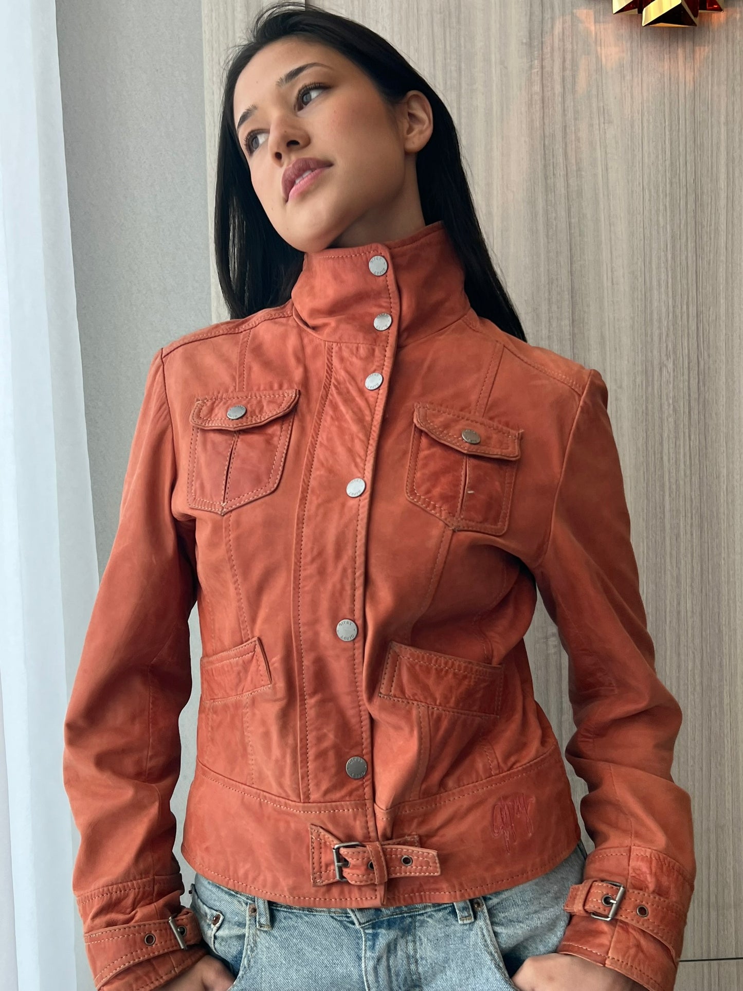 Dark Orange High Neck Leather Jacket