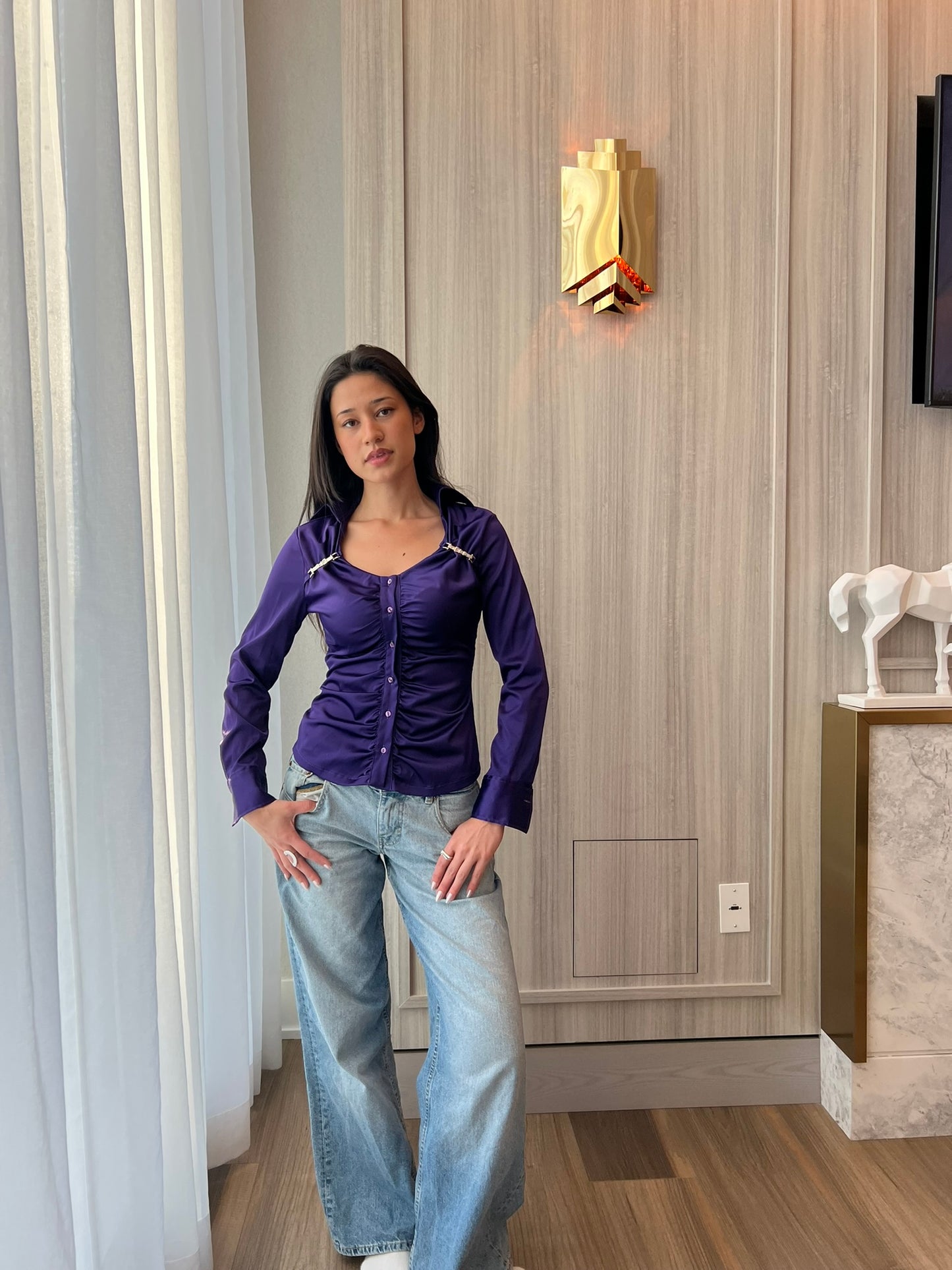Purple ruched long sleeve button up blouse