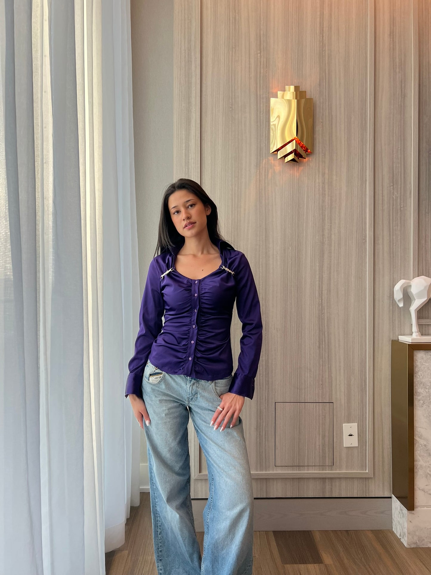 Purple ruched long sleeve button up blouse