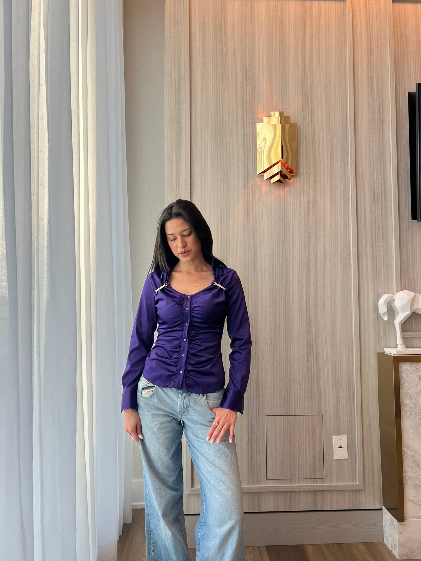 Purple ruched long sleeve button up blouse