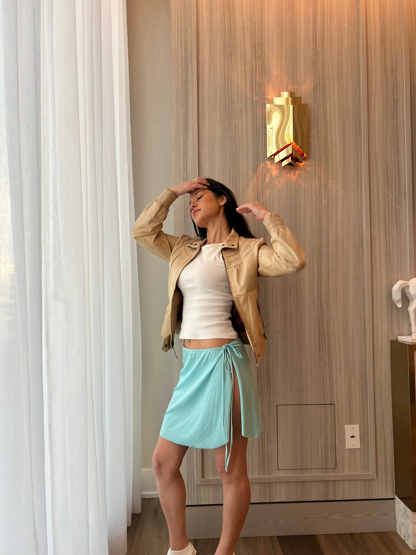 Aquamarine blue satin tie skirt