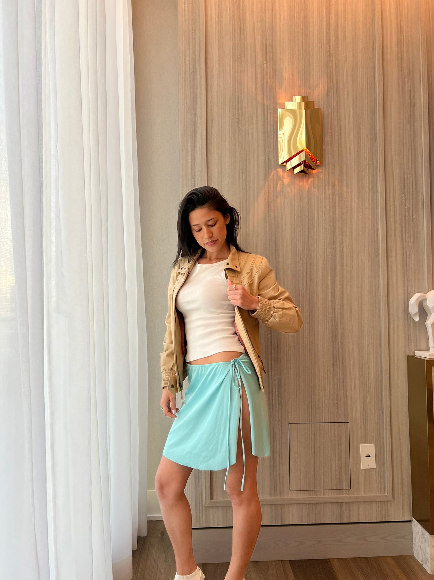 Aquamarine blue satin tie skirt