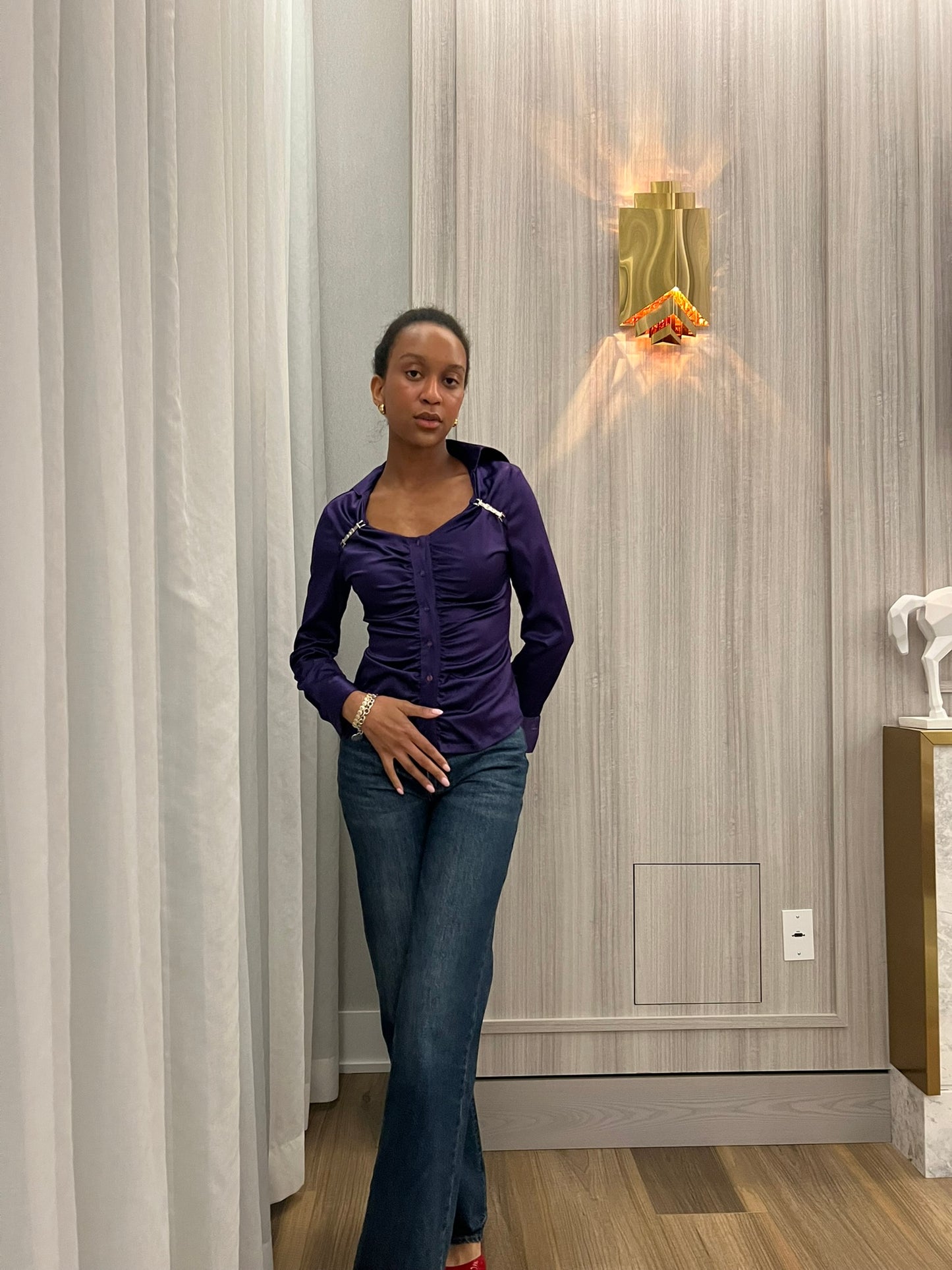 Purple ruched long sleeve button up blouse
