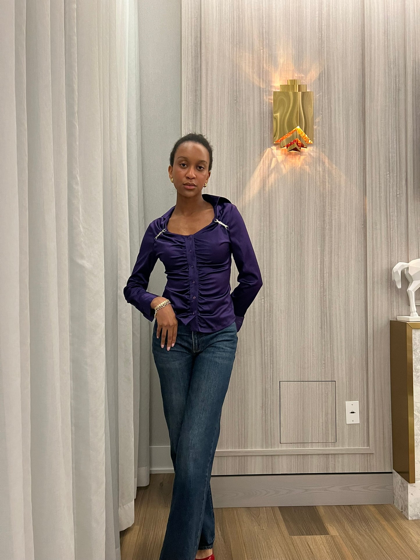 Purple ruched long sleeve button up blouse