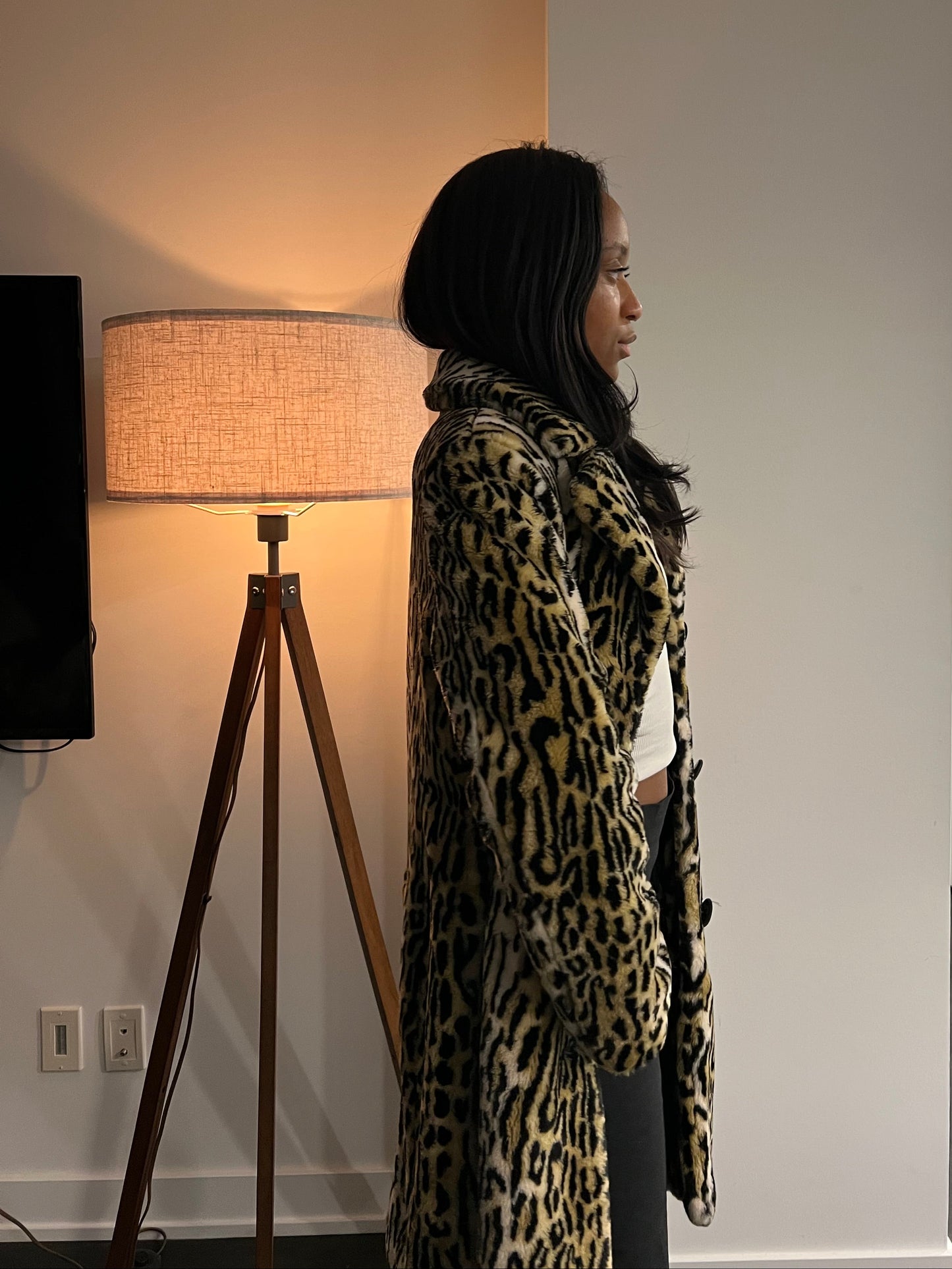 Leopard faux fur trench coat